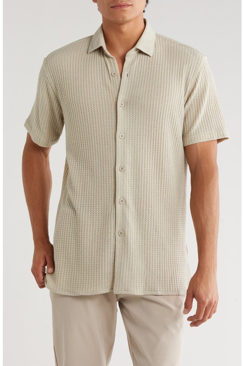 Waffle Knit Short Sleeve Button-Up Shirt, Main, color, PISTACHIO