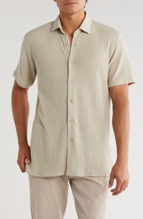 Waffle Knit Short Sleeve Button-Up Shirt
