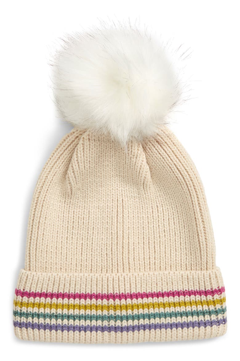 Metallic Stripe Faux Fur Pompom Beanie, Main, color, IVORY COMBO