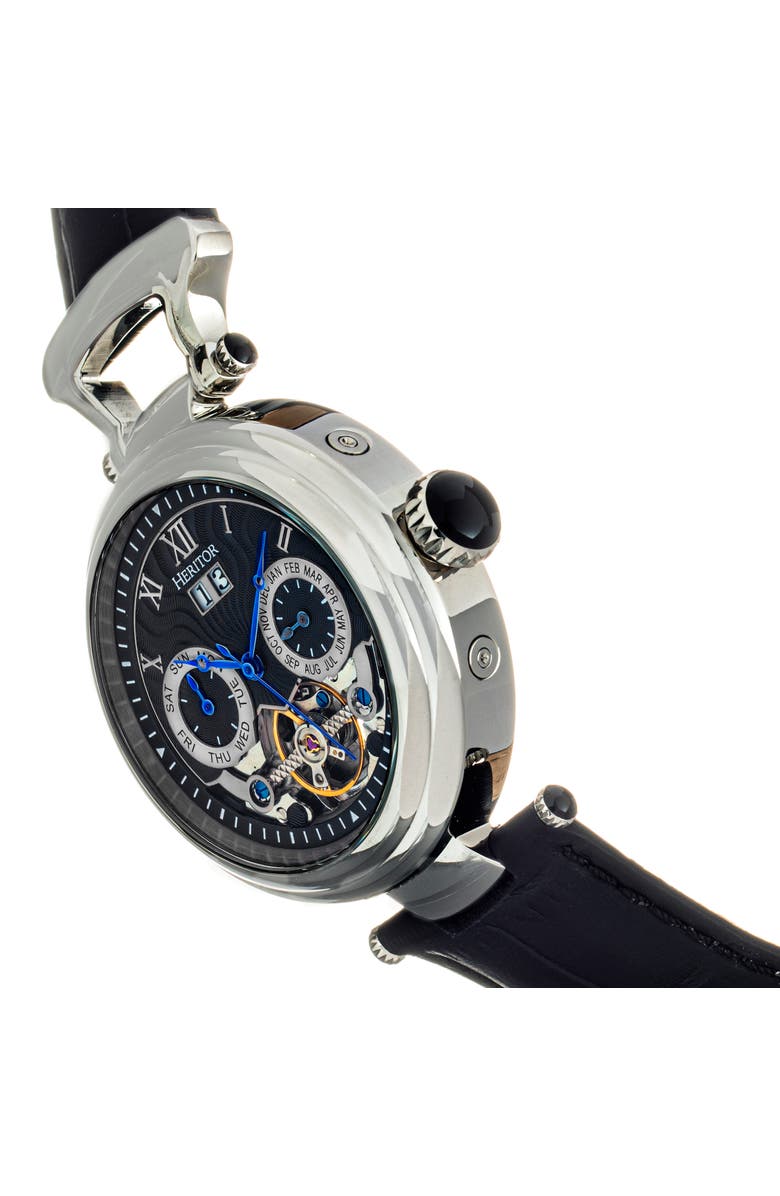 Heritor Automatic Ganzi Semi-Skeleton Leather-Band Watch, Alternate, color, Silver/Black