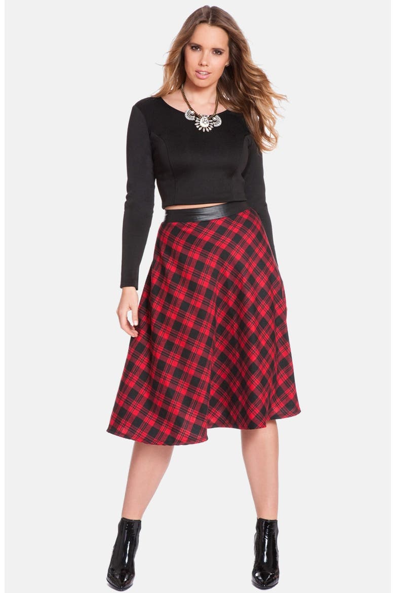 Tartan Plaid Midi Skirt, Alternate, color, BLACK/ RED TARTAN PLAID