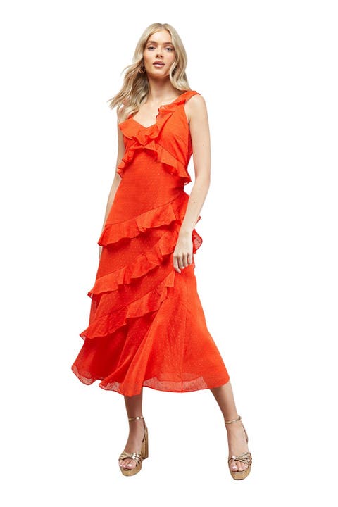 Dobby Ruffle V-Neck Tiered Midi Dress