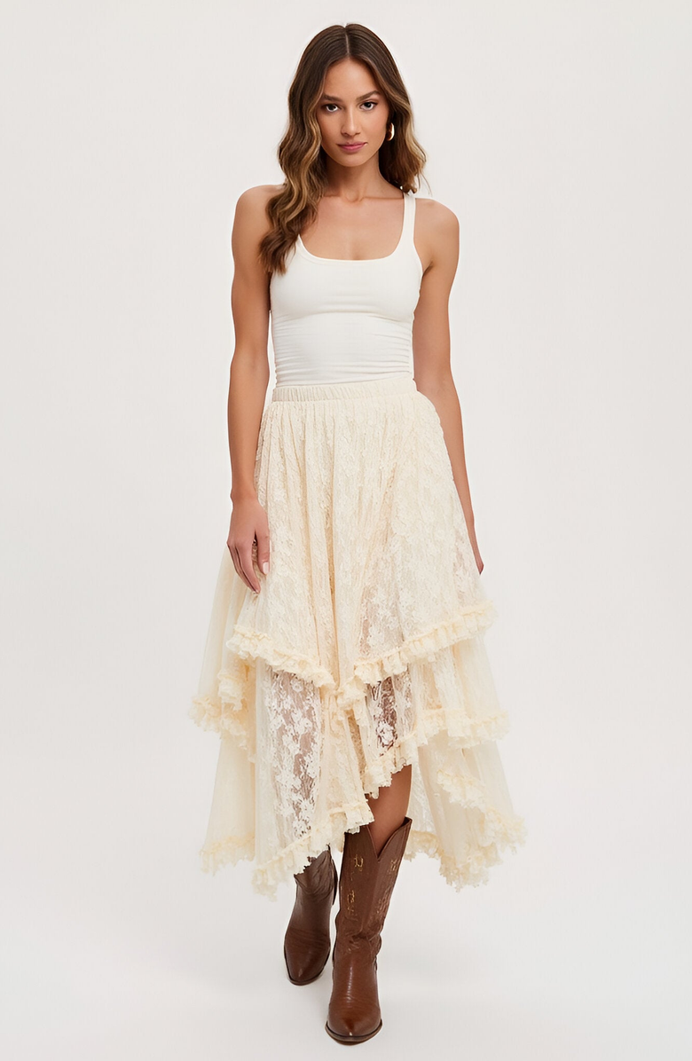 Modenaire Tiered Lace Asymmetrical Skirt with Handkerchief Hem and Lined Detail, Main, color, 