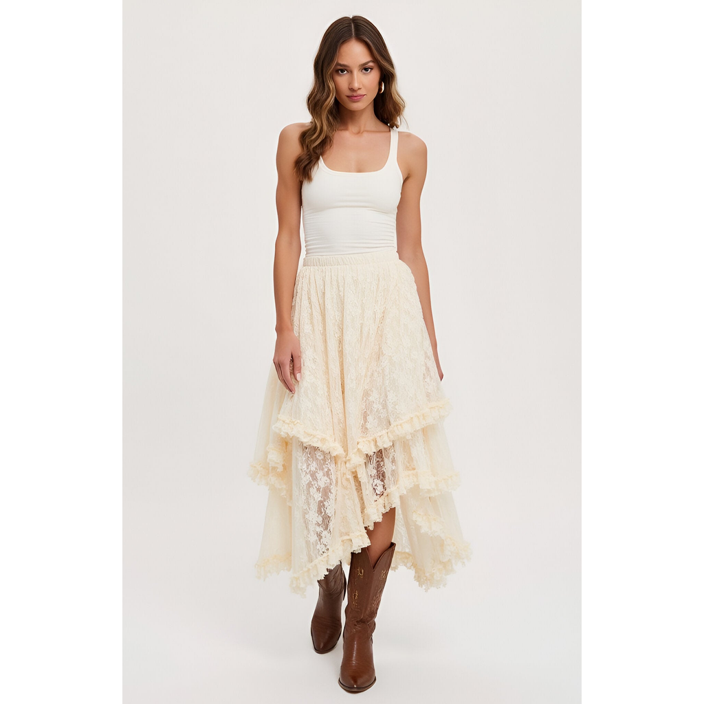 Modenaire Tiered Lace Asymmetrical Skirt With Handkerchief Hem And Lined Detail In Neutral