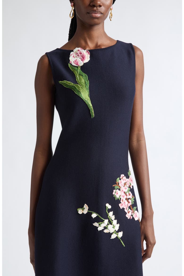 Mixed Botanical Embroidered Wool Knit Dress, Alternate, color, NAVY