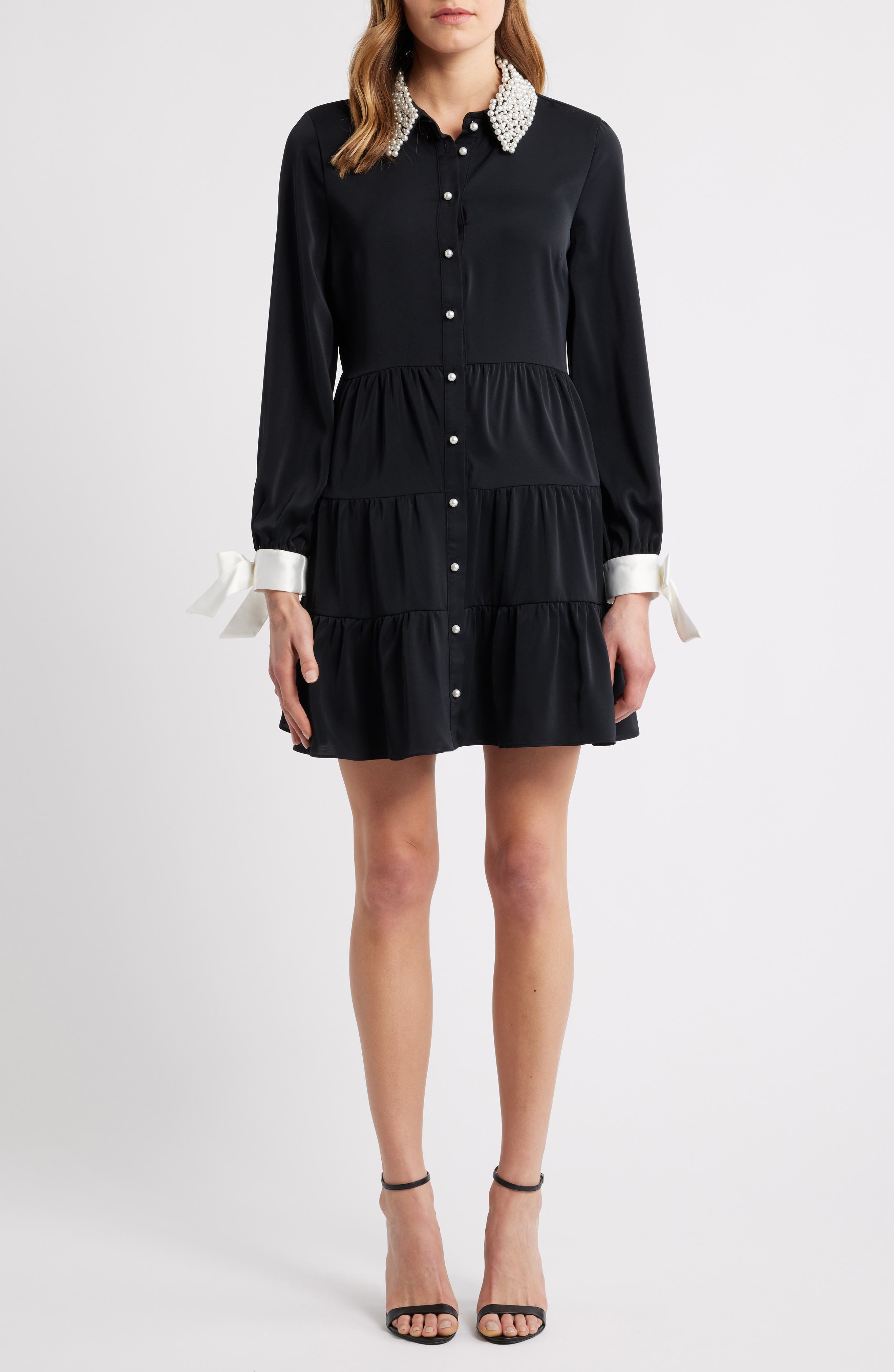 CeCe Beaded Collar Bow Long Sleeve Shirtdress