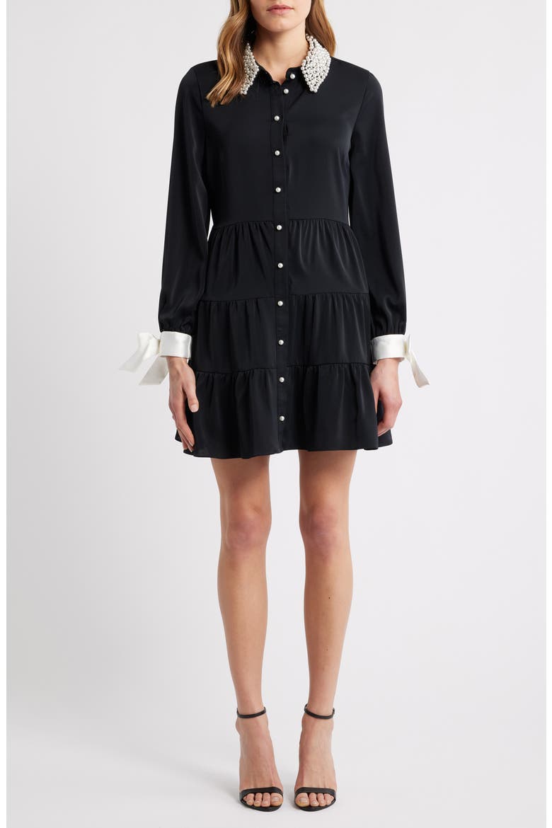 Beaded Collar Bow Long Sleeve Shirtdress, Main, color, RICH BLACK