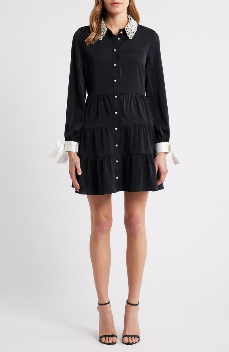 CeCe Beaded Collar Bow Long Sleeve Shirtdress, Main, color, Rich Black