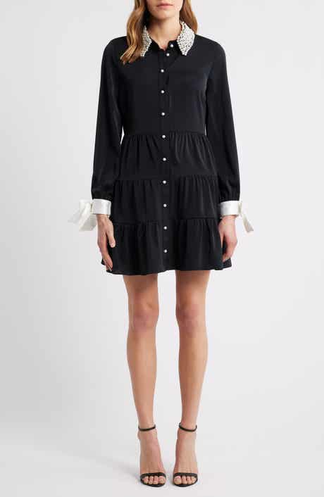 CeCe Beaded Collar Bow Long Sleeve Shirtdress