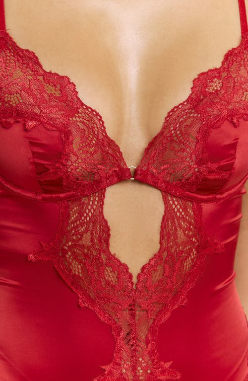 Honeydew Garden Of Eden Lace Trim Satin Bodysuit & Garter Set In Red