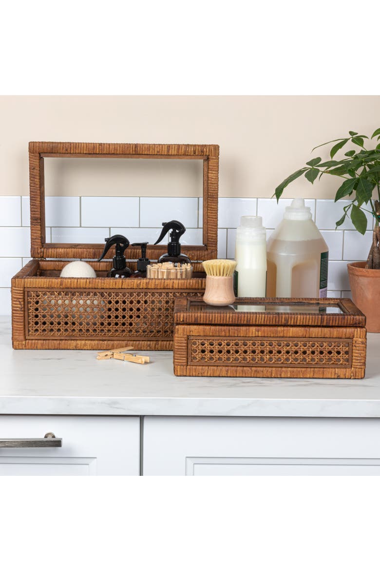 Modern Decorative Rectangle Woven Rattan and Wood Display Boxes with Glass Top, Alternate, color, Brown