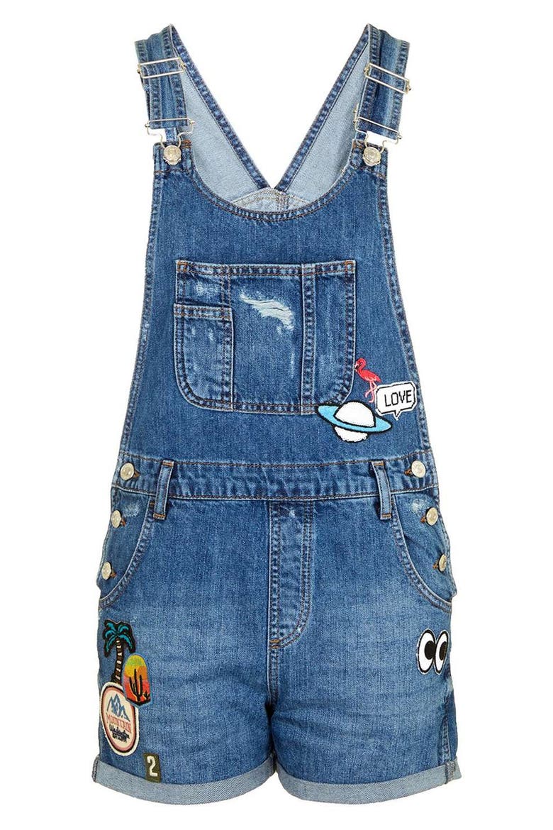 Badge Short Overalls, Alternate, color, MID DENIM