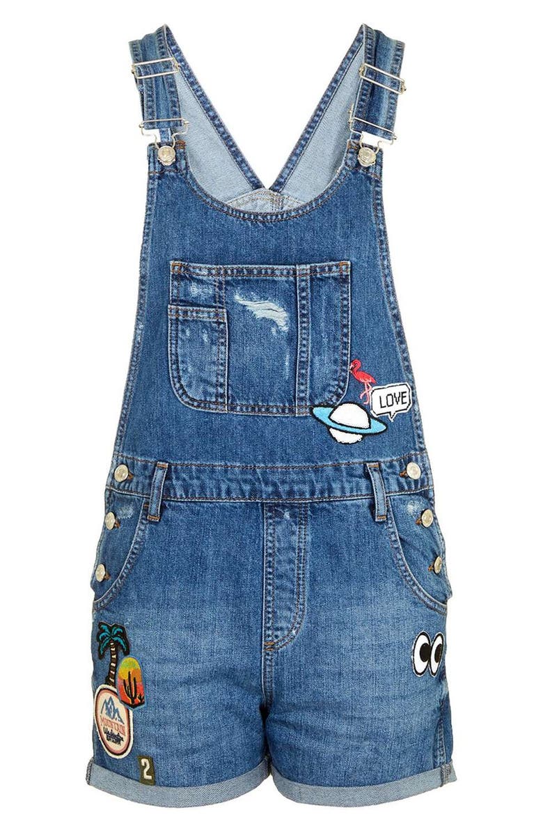 Topshop Badge Short Overalls, Alternate, color, 