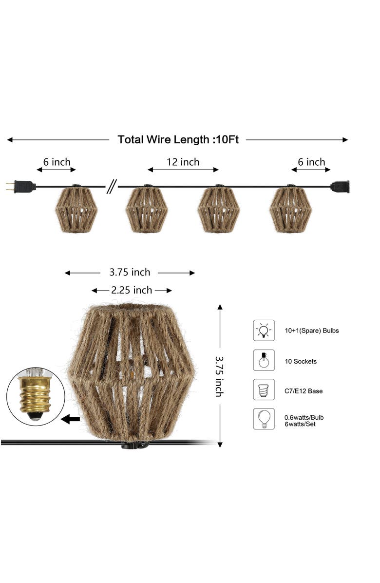 JONATHAN Y Samara 10-Light Indoor/Outdoor Mid-Century Classic Incandescent C7 Lantern Hemp Rope Shaded String Lights, Alternate, color, Brown
