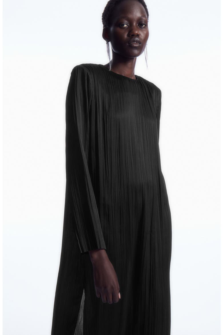 Long Sleeve Recycled Polyester Plissé Midi Dress, Alternate, color, BLACK DARK