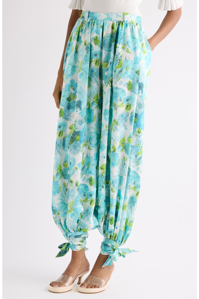 Floral Silk Jacquard Harem Pants, Alternate, color, WHITE - BLUE