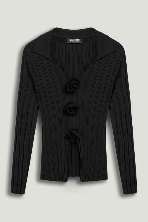 Nocturne Floral Embellished Ribbed V-neck Sweater In Black