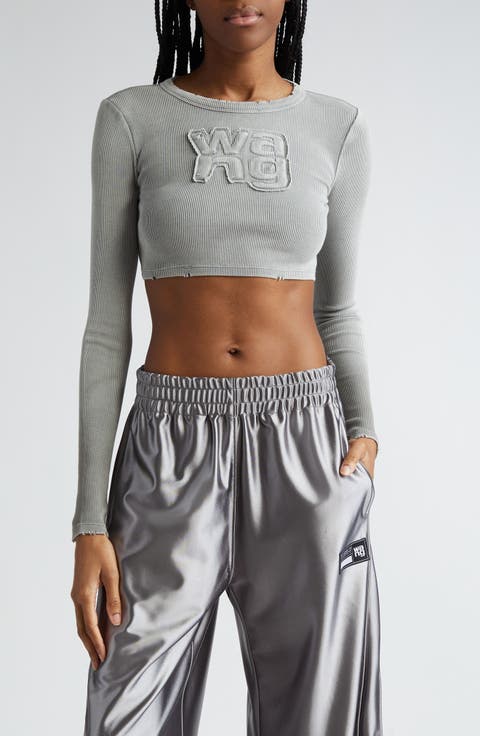 Distressed Logo Long Sleeve Crop Rib T-Shirt