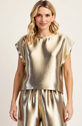 Modenaire Short Sleeve Textured Satin Blouse with Relaxed Fit and Keyhole Back