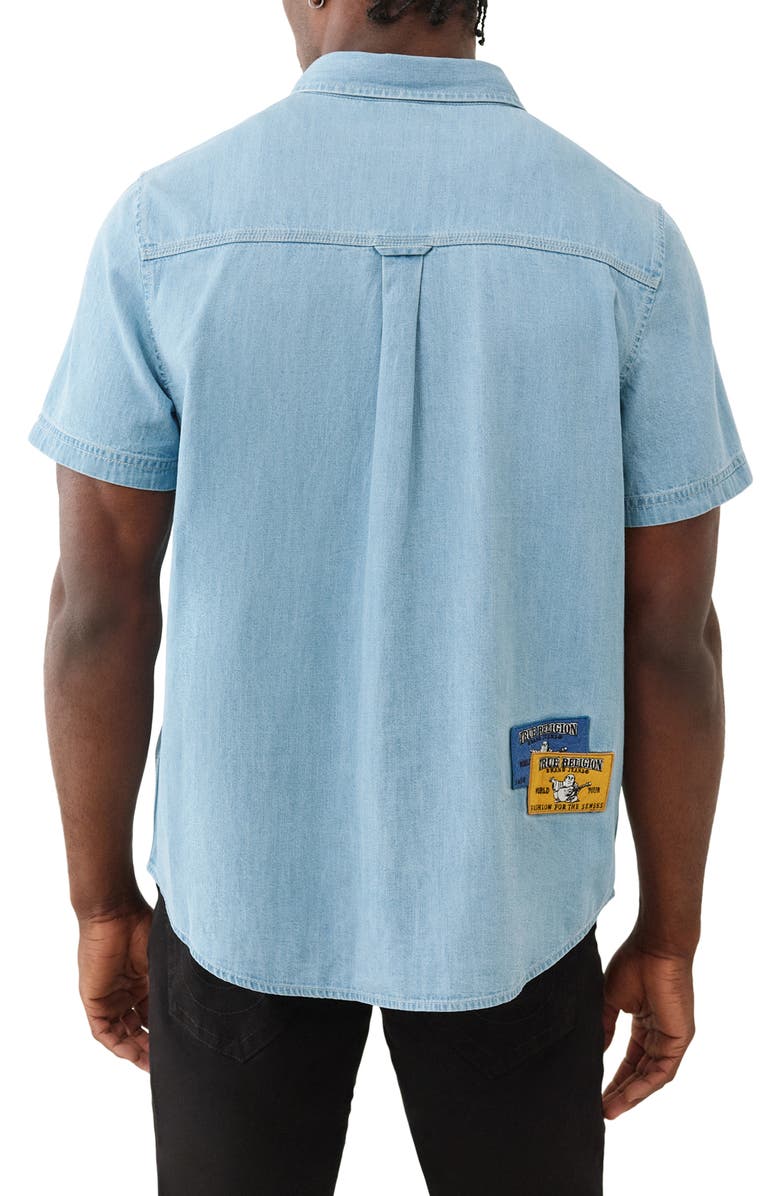 True Religion Logo Patch Short Sleeve Cotton Chambray Button-Up Work Shirt, Alternate, color, Chambray
