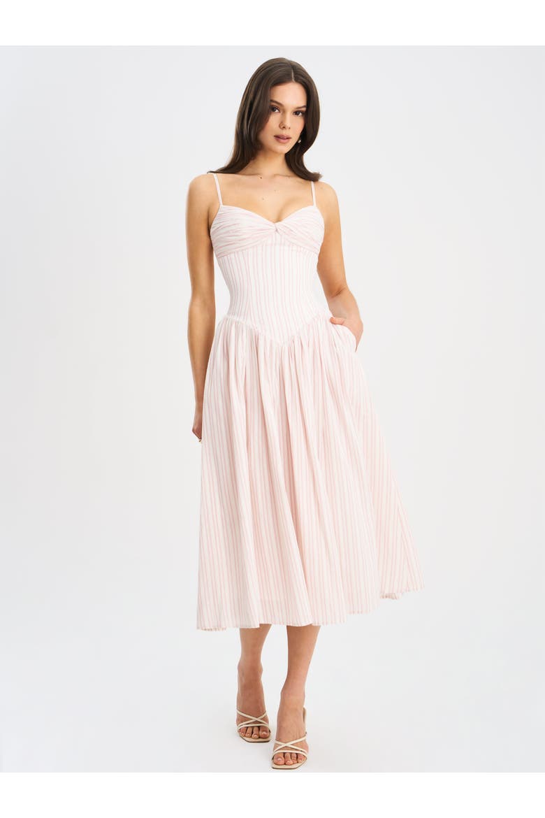 Zania Ruched Breast Cotton Jacquard Midi Dress, Alternate, color, Pink and white stripe