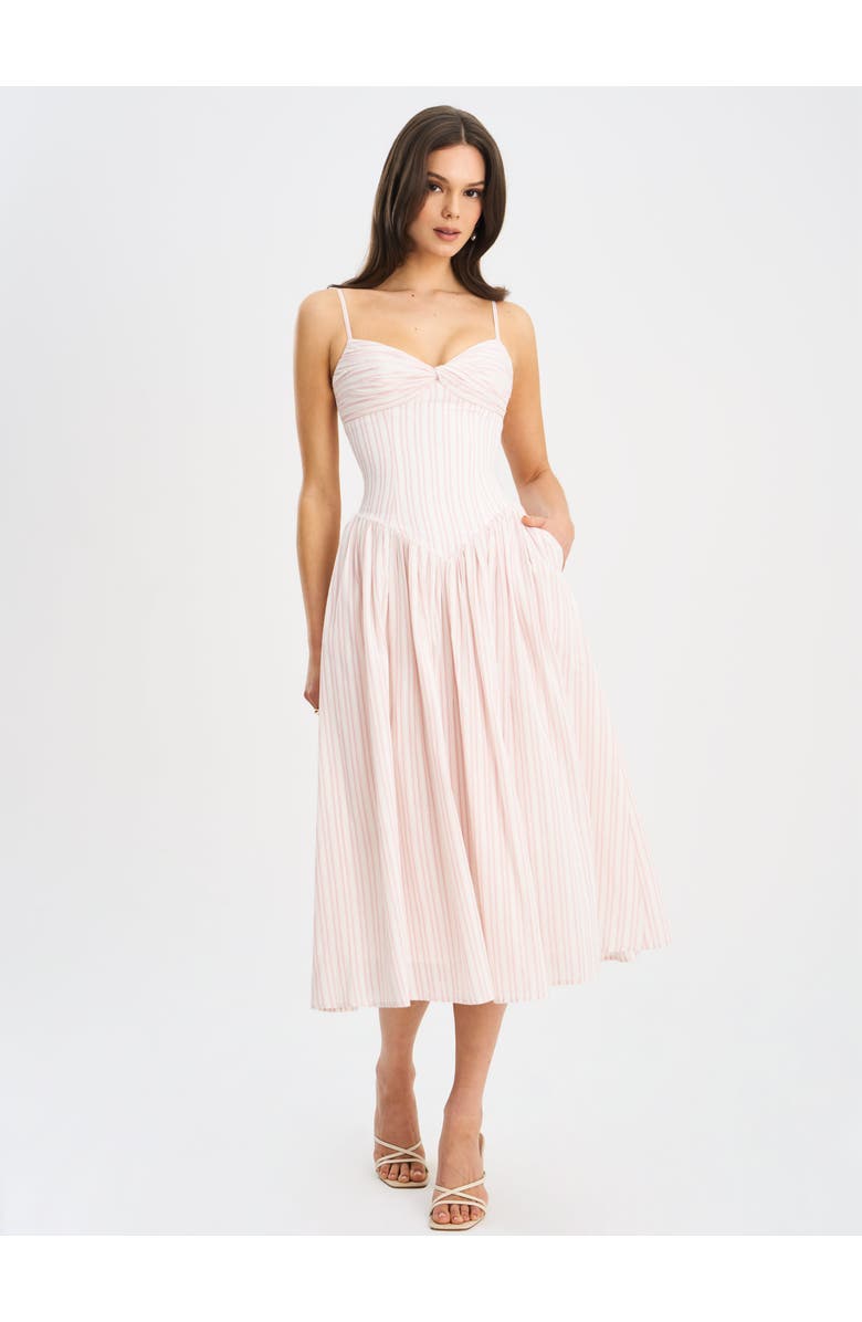 Miss Circle Zania Ruched Breast Cotton Jacquard Midi Dress, Alternate, color, Pink And White Stripe