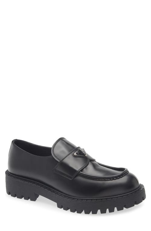 Prada Polished Black Leather Loafers With Chunky Rubber Sole In Black