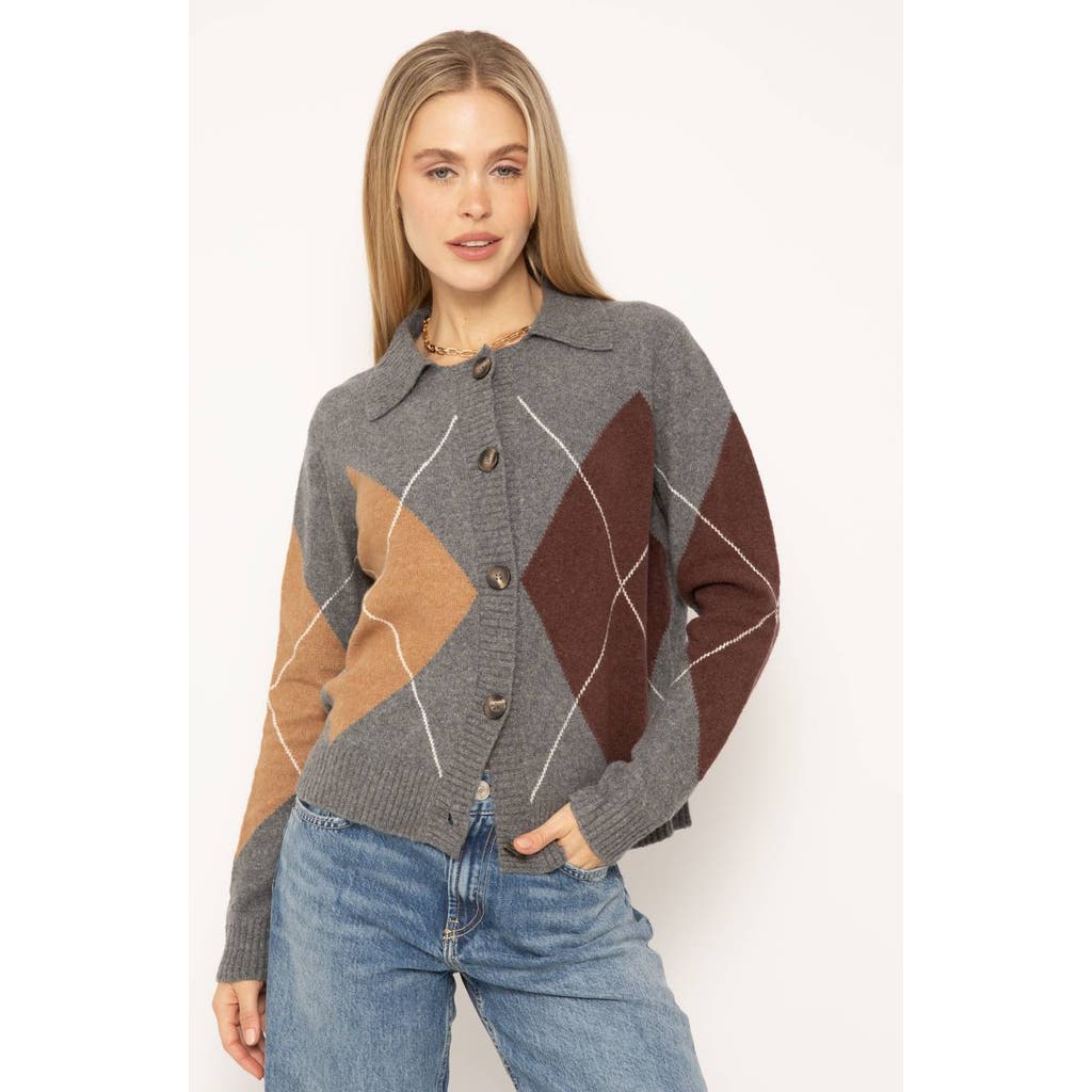 Central Park West Roman Argyle Sweater Cardigan In Gray/brown/tan In Charcoal