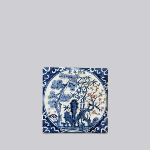 Hand Painted Porcelain Blue and Red Three Friends Tile