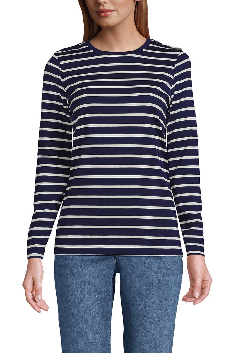 Supima Cotton Long Sleeve Crewneck T-Shirt, Main, color, Deep Sea Navy Breton Stripe