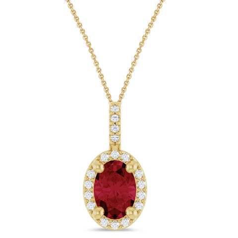 Oval Lab  Ruby & Diamond Halo Pendant Necklace 14K