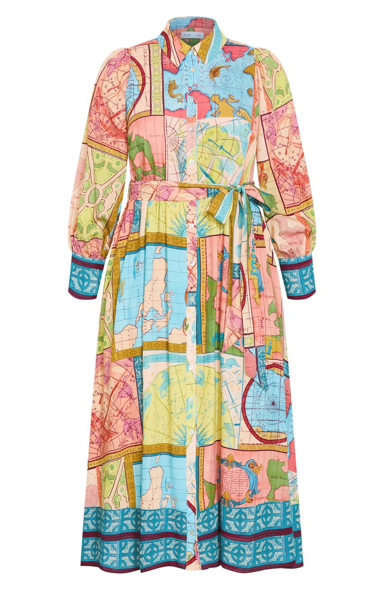 City Chic Paulo Map Print Long Sleeve Shirtdress, Alternate, color, Wanderlust
