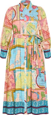 City Chic Paulo Map Print Long Sleeve Shirtdress