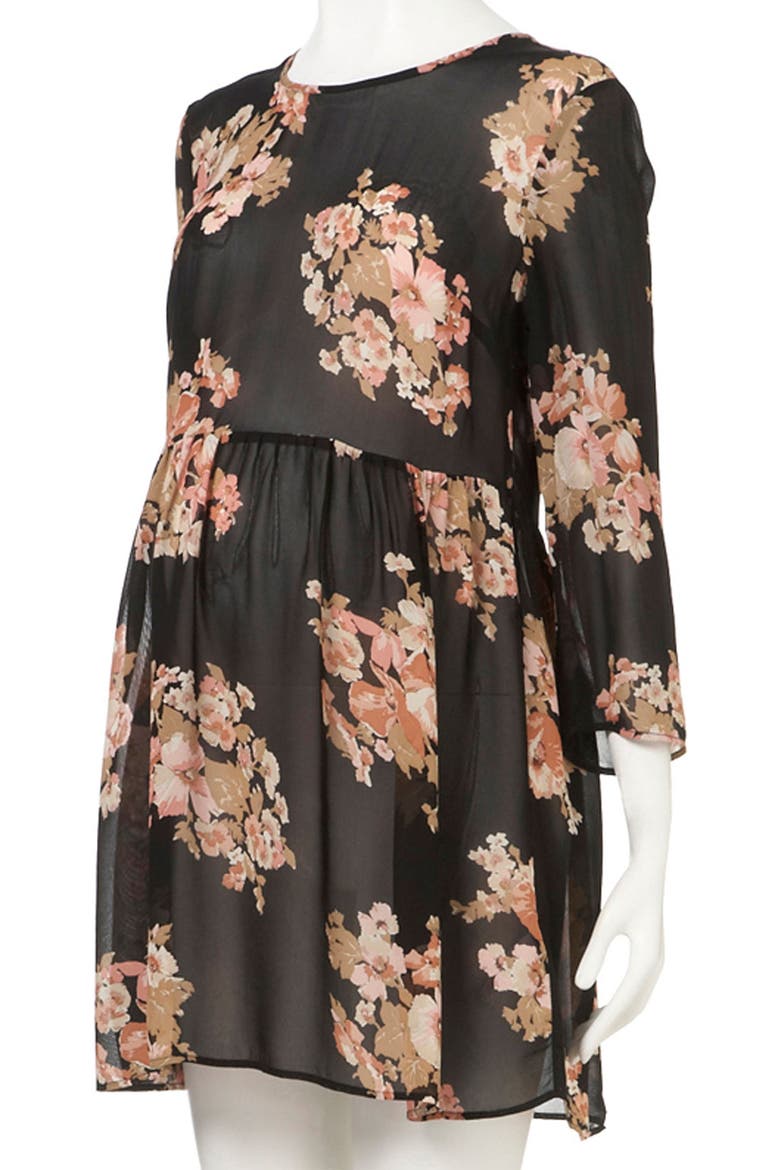 Floral Print Cutout Back Maternity Tunic, Alternate, color, BLACK
