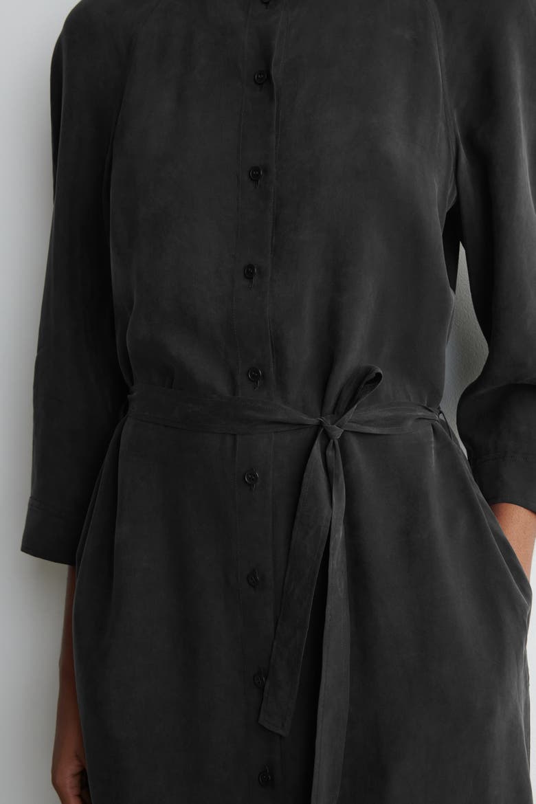 Belted Collarless Midi Shirt Dress, Alternate, color, BLACK