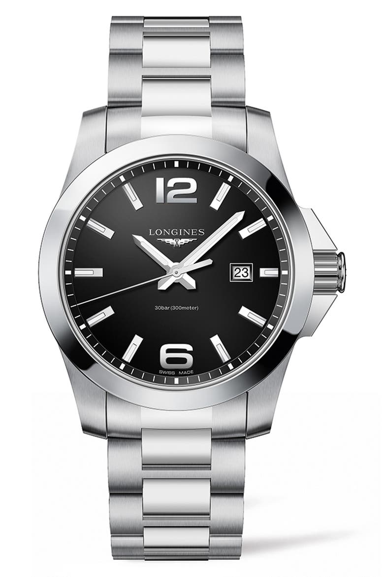 Conquest Bracelet Watch, 43mm, Main, color, SILVER/ BLACK/ SILVER