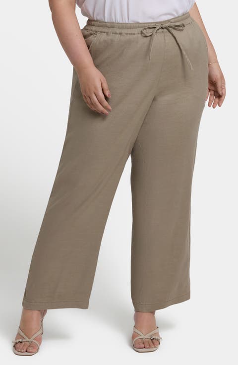 Drawstring Relaxed Fit Linen Blend Pants (Plus)