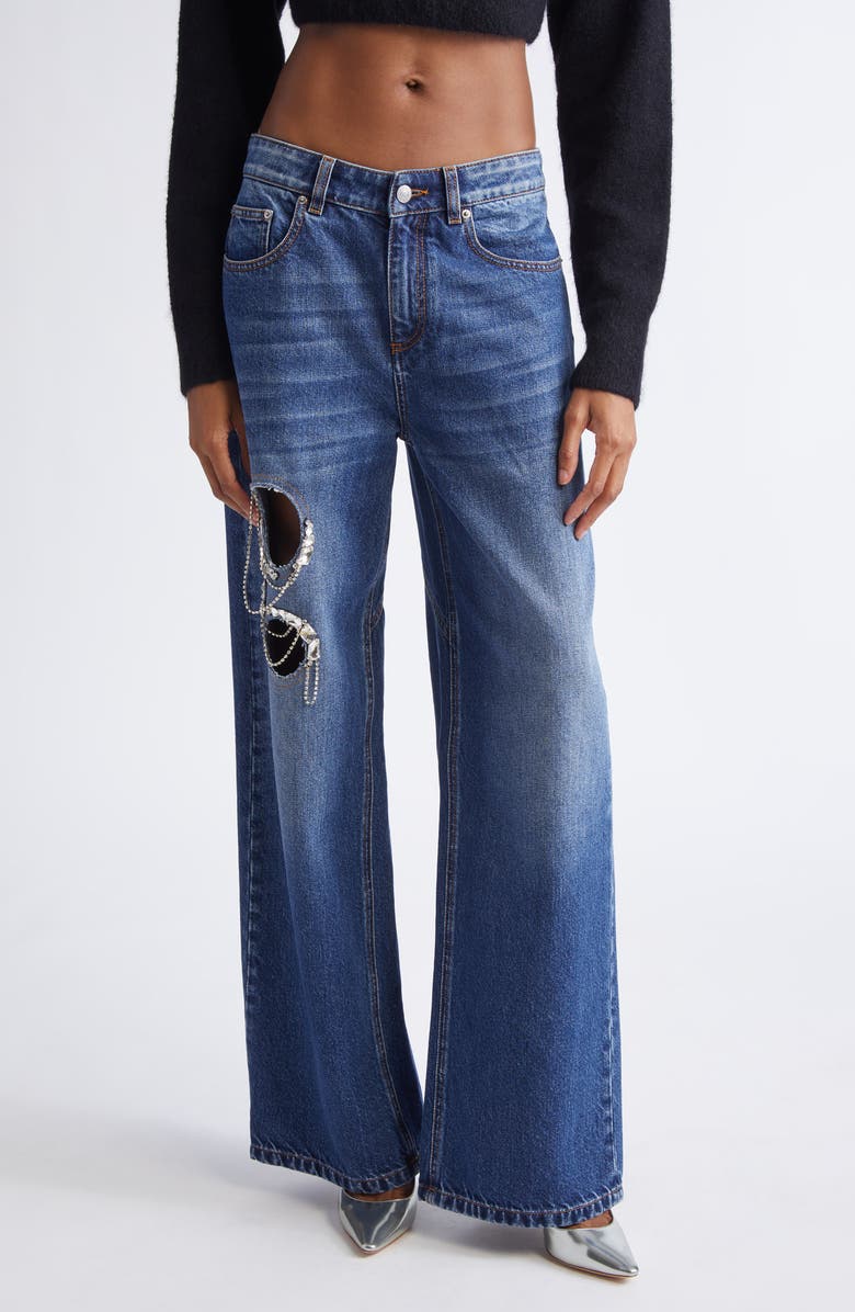 Area Crystal Chain Cutout Relaxed Jeans, Main, color, Medium Blue