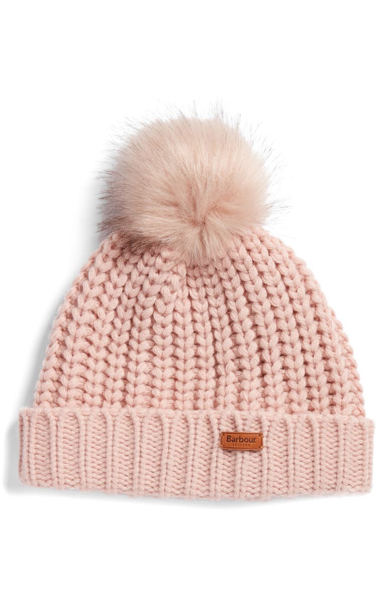Barbour Saltburn Beanie with Faux Fur Pom, Main, color, 