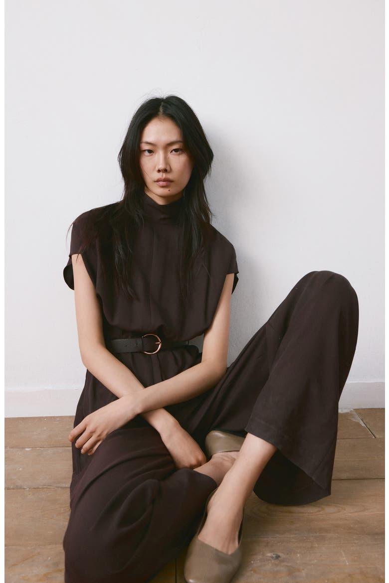 Cap Sleeve Belted Jumpsuit, Alternate, color, CHOCOLATE
