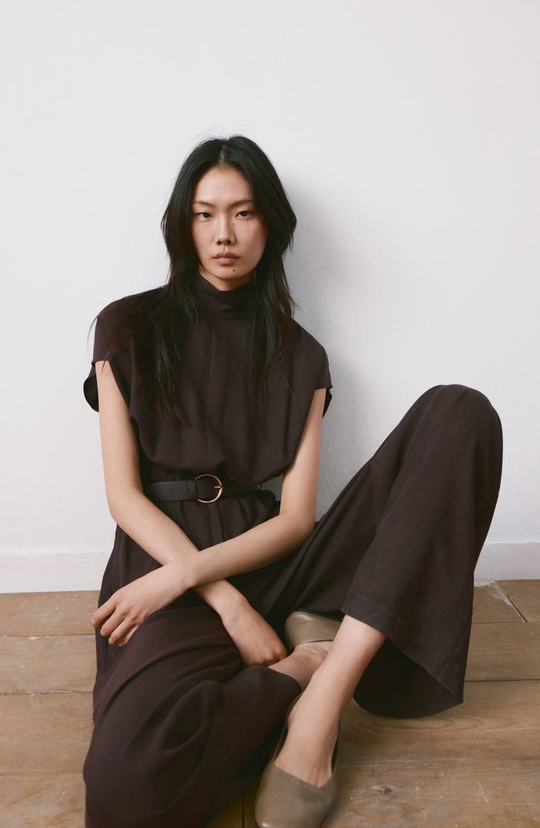 MANGO Cap Sleeve Belted Jumpsuit, Alternate, color, Chocolate