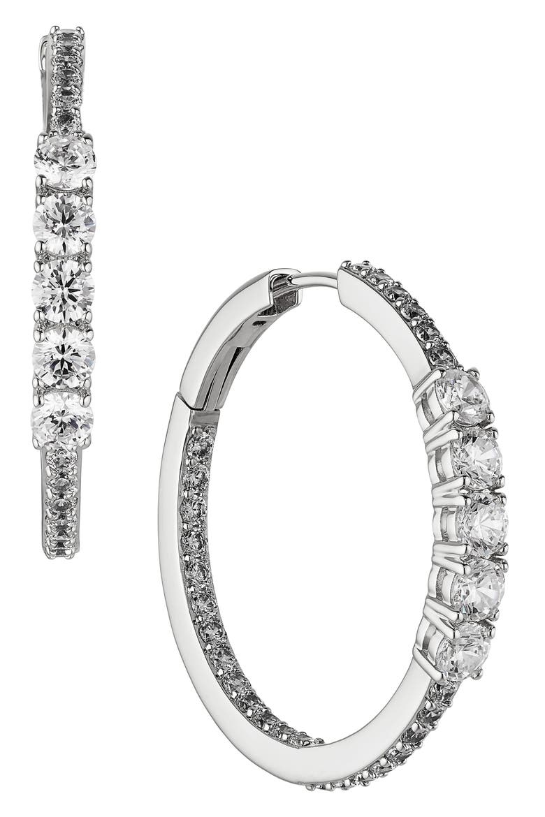 Love All Cubic Zirconia Medium Hoop Inside Out Earrings, Main, color, RHODIUM