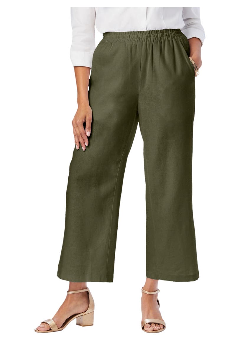 Wide Leg Linen Crop Pant, Main, color, DARK OLIVE GREEN