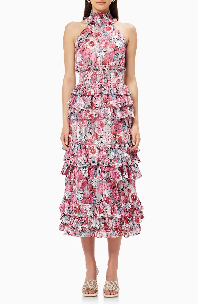 Elliatt Dunmore Floral Tiered Georgette Cocktail Dress, Main, color, Pink Multi