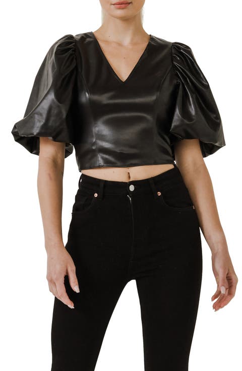 Puff Sleeve Faux Leather Top
