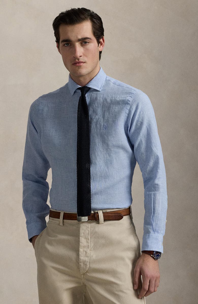 Polo Ralph Lauren Classic Fit Houndstooth Linen Button-Up Shirt, Alternate, color, Cabana Blue White