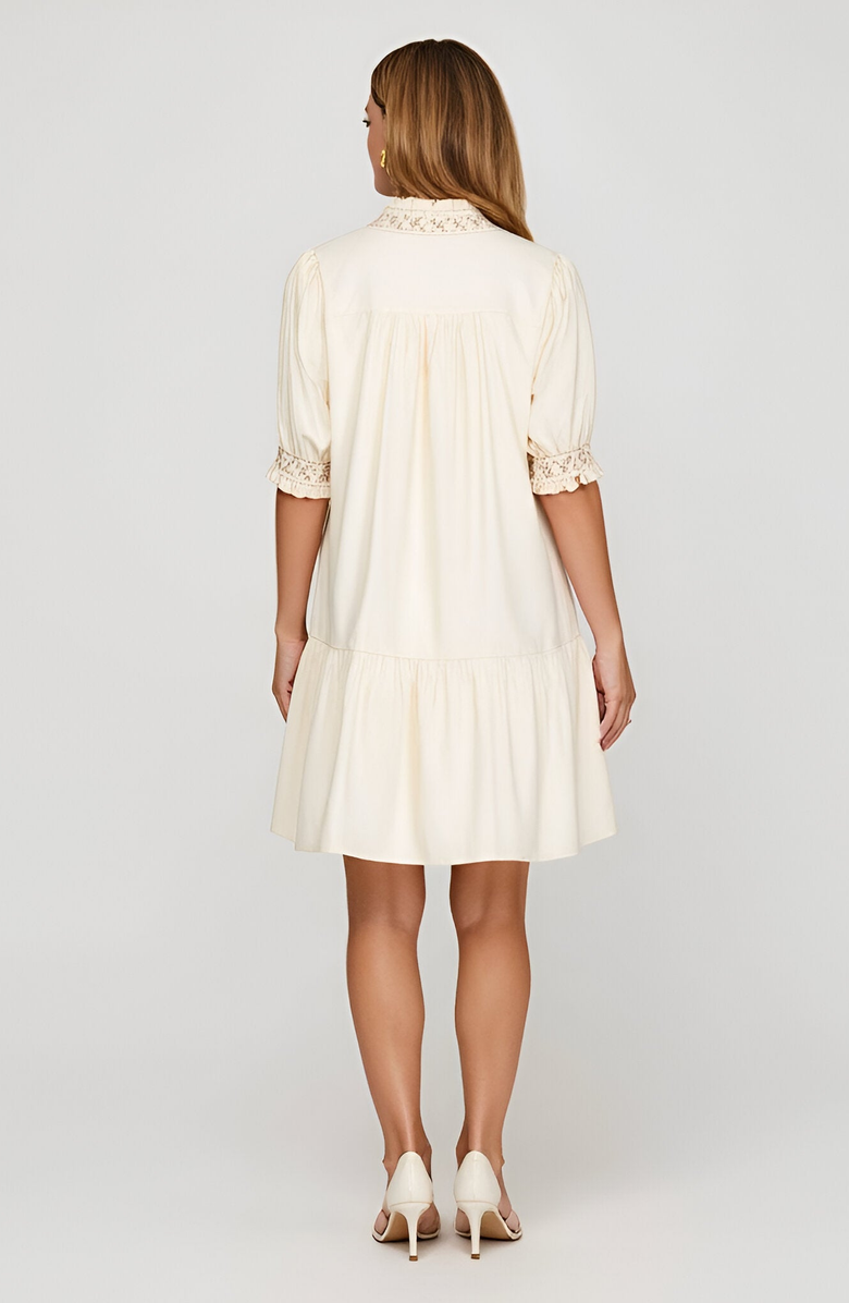 Modenaire Smocked Sleeve Mini Dress with Embroidered Neckline and Tiered Hem, Alternate, color, Ivory