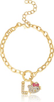 Hello Kitty Initial Crystal Charm Bracelet, Gold-Tone, Adjustable
