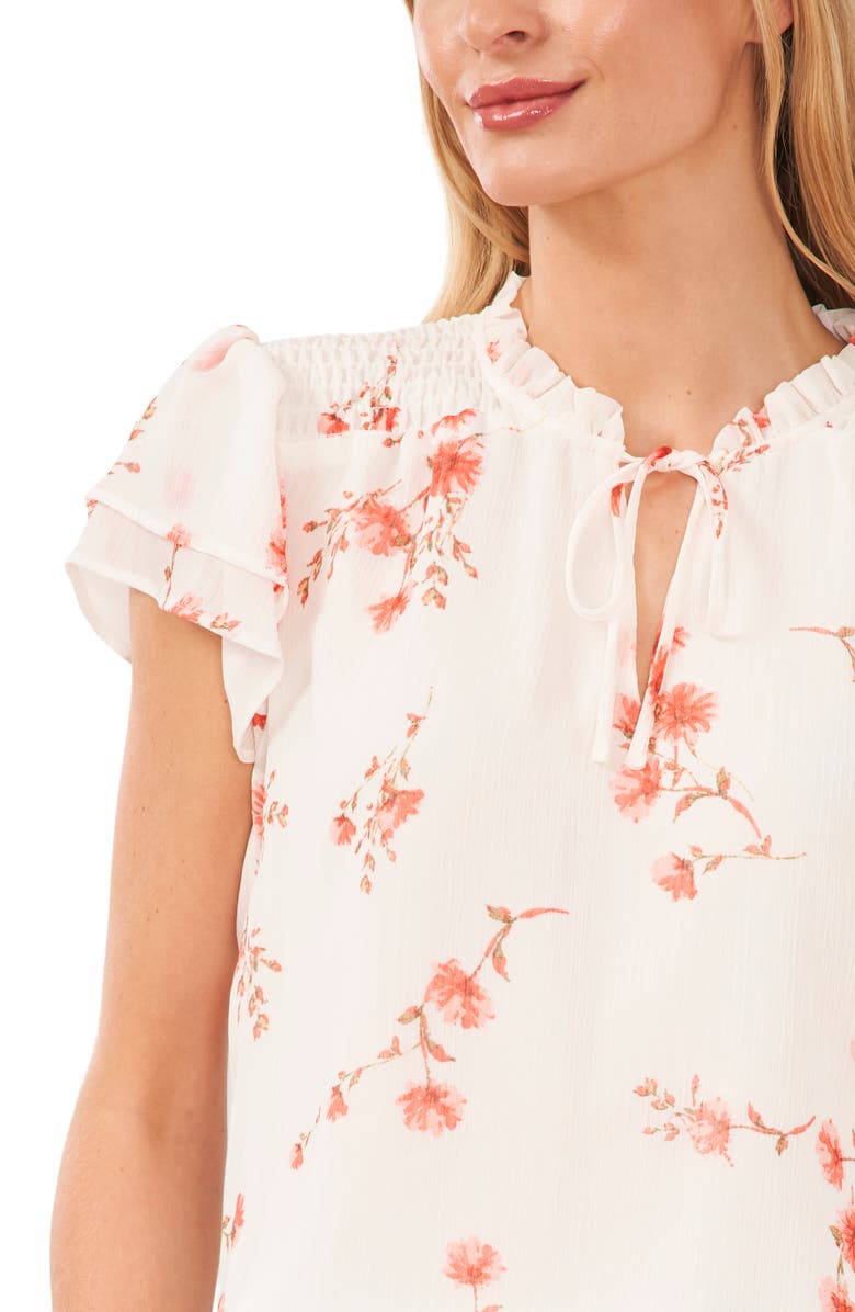 CeCe Tie Neck Smocked Shoulder Floral Print Blouse, Alternate, color, 
