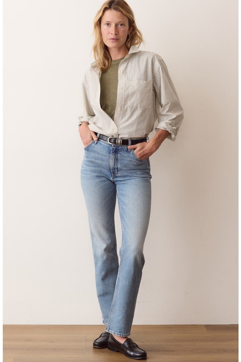 Jane Relaxed Pinstriped Pima Cotton Shirt, Alternate, color, OLIVE PINSTRIPE